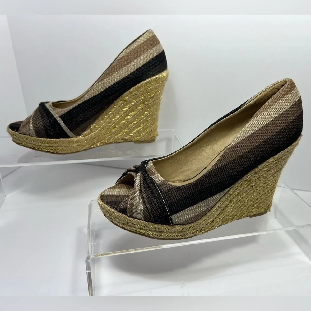 Rue21 ETC Brown Beige Stripe Jute Platform Peep Toe Wedge Womens size 8 9 Large